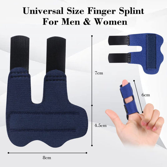Verstelbare blauwe triggervingerspalk voor vingerverrekking, tentoongesteld op een hand.