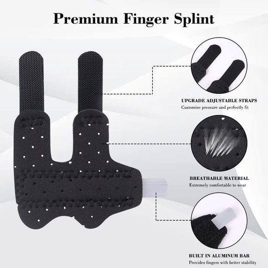Verstelbare triggervinger-spalk met verstelbare banden, ademend materiaal en ingebouwde aluminium staaf voor stabiliteit en comfort.