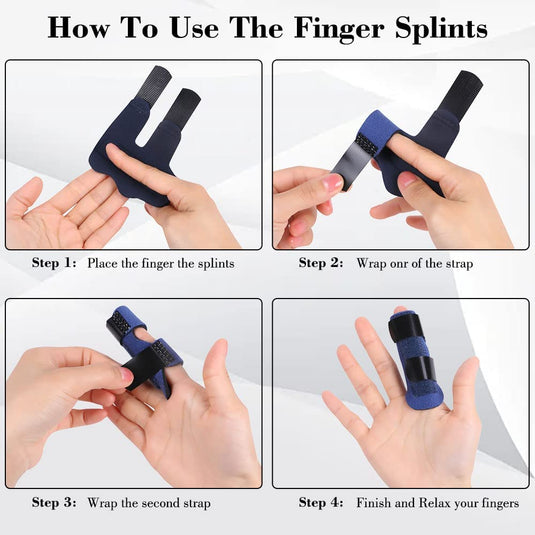 Instructiestappen die het juiste gebruik tonen van Verstelbare triggerfinger spalk - universele maat - voor pijnverlichting voor ondersteuning en immobilisatie.