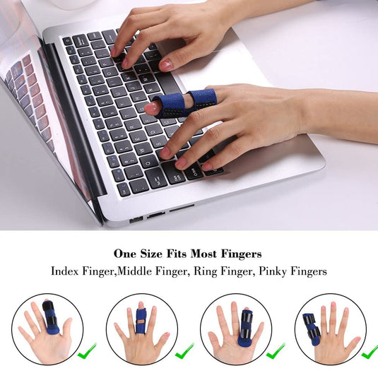 Vingerhoezen, geadverteerd als geschikt voor verschillende vingergroottes en ideaal als verstelbare triggerfinger-spalk, gedragen door iemand die een laptop gebruikt.