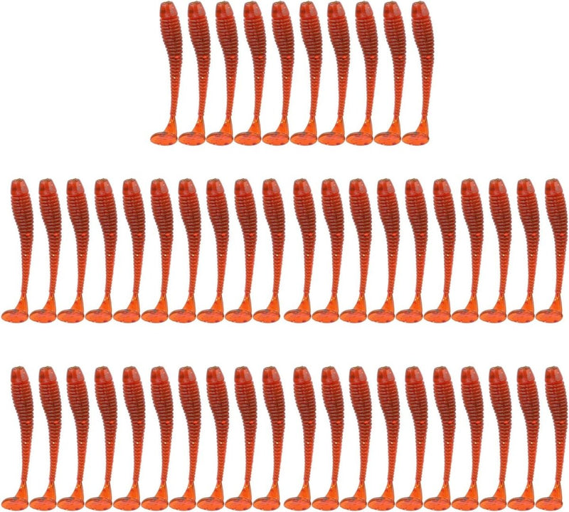 Laad afbeelding in Galerijviewer, Meerdere rijen oranje gedraaide touwen gemaakt van Vis als een pro met dit 50-delige set zachte kunstaas gerangschikt op een witte achtergrond.
