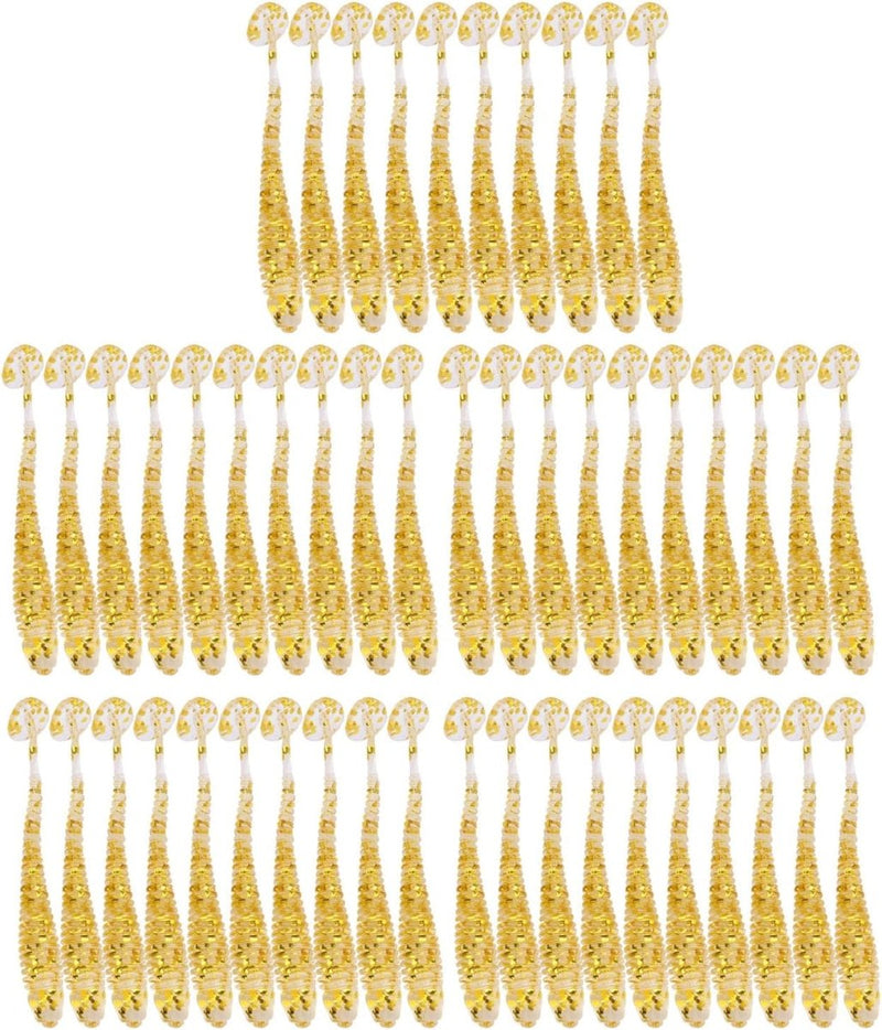 Laad afbeelding in Galerijviewer, Rijen glitterende gouden gordijnbinders gerangschikt in een netjes, symmetrisch patroon op een witte achtergrond.
Productnaam: Vis als een pro met dit 50-delige set zachte kunstaas!
