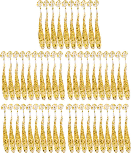 Rijen glitterende gouden gordijnbinders gerangschikt in een netjes, symmetrisch patroon op een witte achtergrond.
Productnaam: Vis als een pro met dit 50-delige set zachte kunstaas!
