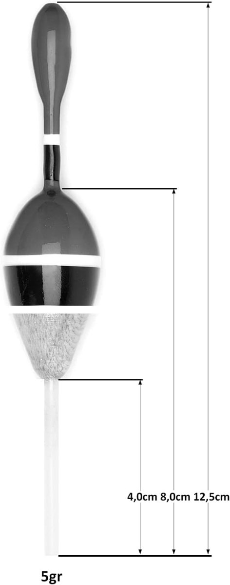 Zwart-wit plastic schepje gemaakt van hoogwaardig materiaal, met weergegeven afmetingen, geïsoleerd op een witte achtergrond.Vervangen door: Visdobber set