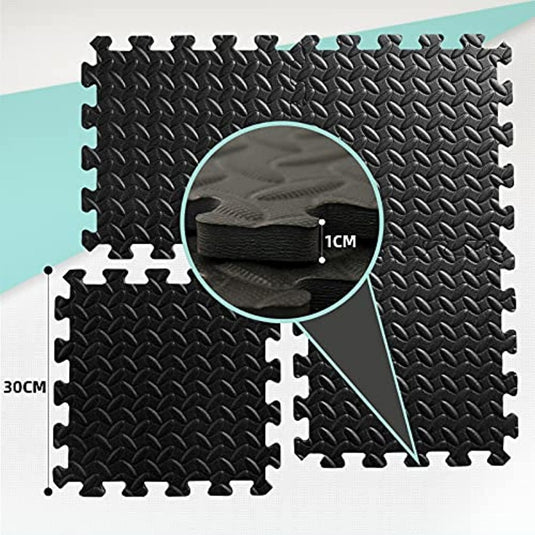 In elkaar grijpende zwarte Vloerbeschermingsmatten van puzzelschuim met een close-up inzetstuk waarop het antislipoppervlak en de diktemeting van de mat te zien zijn.