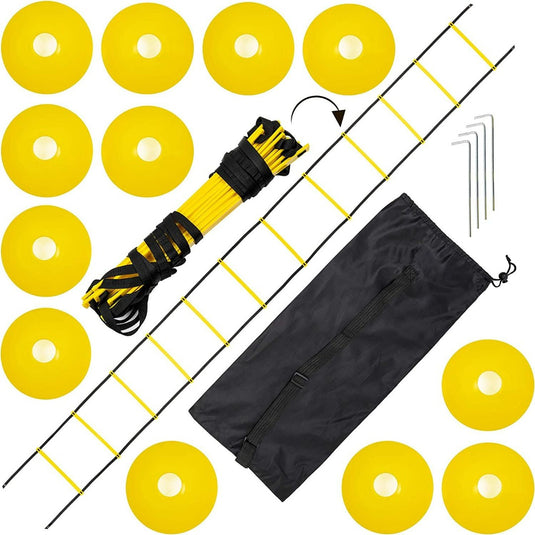 Voetbaltrainingsmaterialen set - Verbeter je spel met gele kegels, grondankers en een draagtas.