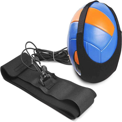 Een leeggelopen volleybal met een pomp en naald op een witte achtergrond, inclusief een elastische volleybalweerstandsgordel voor verbeterde training.