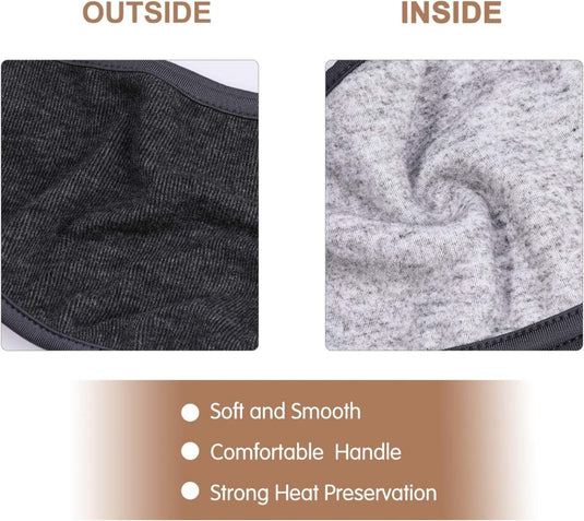 Close-up van een grijze thermische stof, waarbij de gestructureerde buitenkant wordt vergeleken met de met fleece gevoerde binnenkant, met pictogrammen die de kenmerken vermelden: zacht, warm en comfortabel, en warmtebehoud.
Productnaam: Warme en comfortabele wintersporthoofdband: bescherm je oren en geniet van de kou!