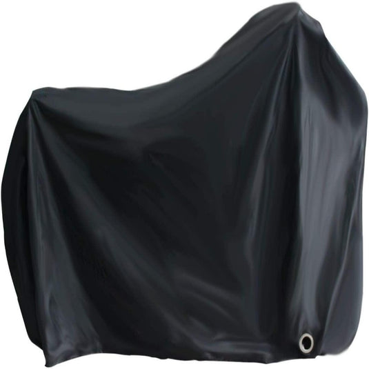 De motorfiets wordt afgedekt met een duurzame, zwarte weerbestendige hoes die op elegante wijze de contouren laat zien en is voorzien van slotgaten voor de veiligheid.