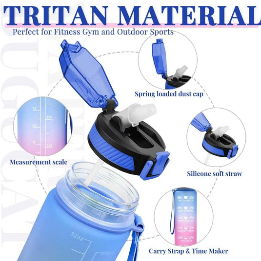 Tritan-waterfles van 1 liter met tijdmarkeringen en rietje: blijf gehydrateerd en gemotiveerd!