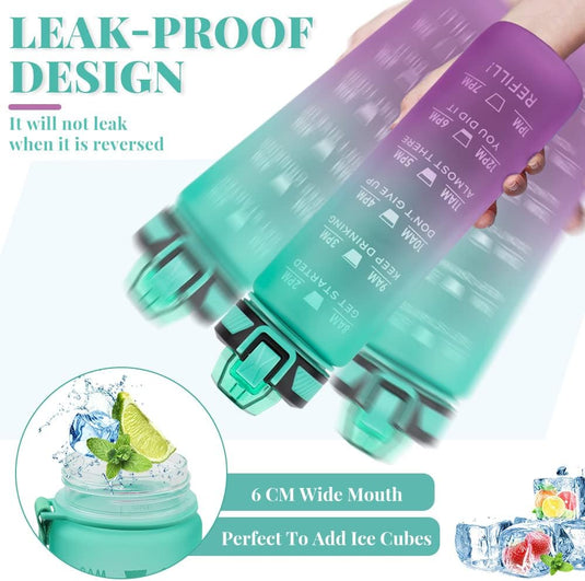 Promotieafbeelding met lekvrije waterflessen van 1 liter met tijdmarkeringen en rietje in paars en groenblauw met gelabelde kenmerken, zoals een brede mond, ideaal voor ijsblokjes.