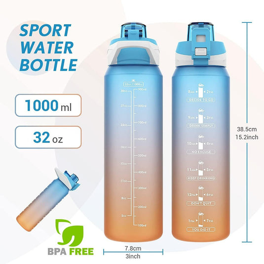 Een afbeelding toont twee 1 liter waterflessen voor optimale hydratatie en motivatie, met hydratatie tijd-markering instructies.
