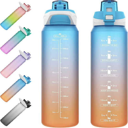 Set van vijf 1 liter waterflessen voor optimale hydratatie en motivatie met tijdmarkeringen en inspirerende zinnen om hydratatie aan te moedigen.