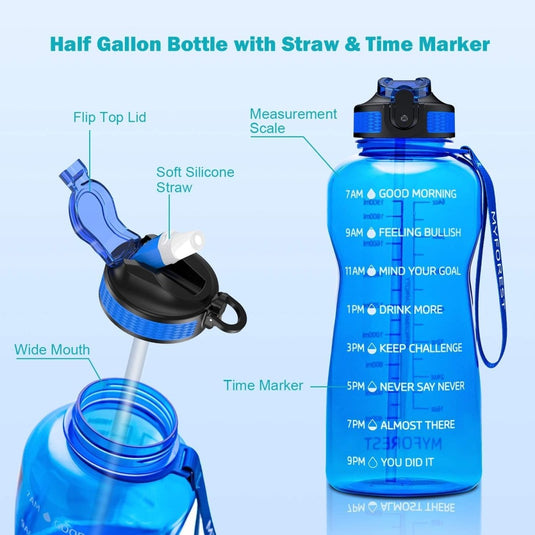 Een blauwe Ontdek de ultieme waterfles van 2 liter met een rietje, een opklapbaar deksel en tijdmarkeringen met een label in uren om de dagelijkse waterinname bij te houden.