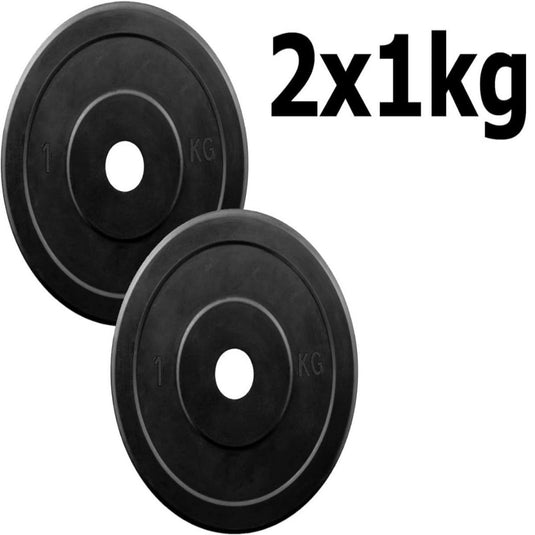 Een paar rubberen halterschijven van 1 kg. Wil jij thuis of in de sportschool je spieren trainen?