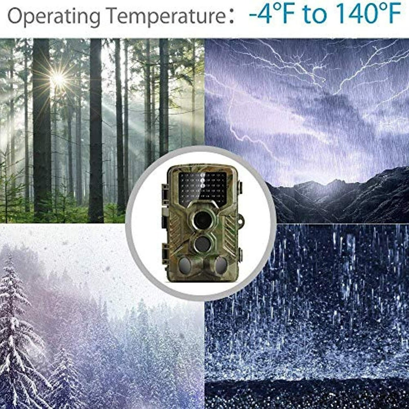 Laad afbeelding in Galerijviewer, Een krachtige wildcamera geadverteerd met zijn bedrijfstemperatuurbereik, weergegeven naast die verschillende weersomstandigheden uitbeelden
