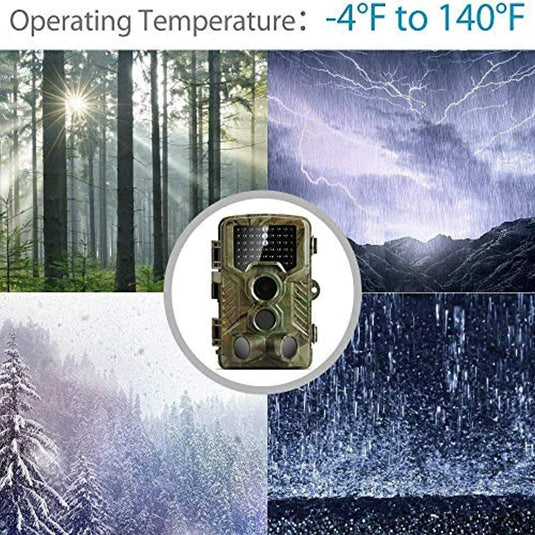 Een krachtige wildcamera geadverteerd met zijn bedrijfstemperatuurbereik, weergegeven naast die verschillende weersomstandigheden uitbeelden