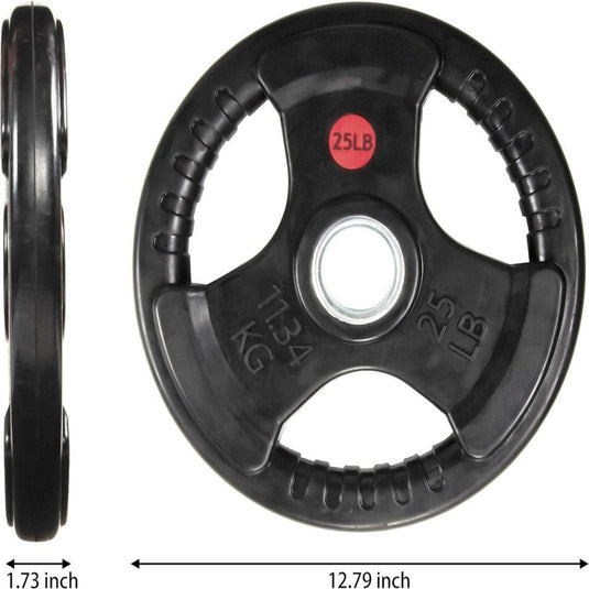 Beschrijving: Een rubber gecoate 2-inch Olympische grip gewichtplaat met een zijprofiel en vooraanzicht, inclusief afmetingen, ontworpen voor krachttraining.