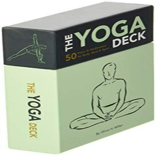Een doos met het opschrift "Yoga Deck 50 pack: 50 Poses and Meditations" met meditatiekaarten met afbeeldingen van yogahoudingen op een groene en grijze achtergrond.