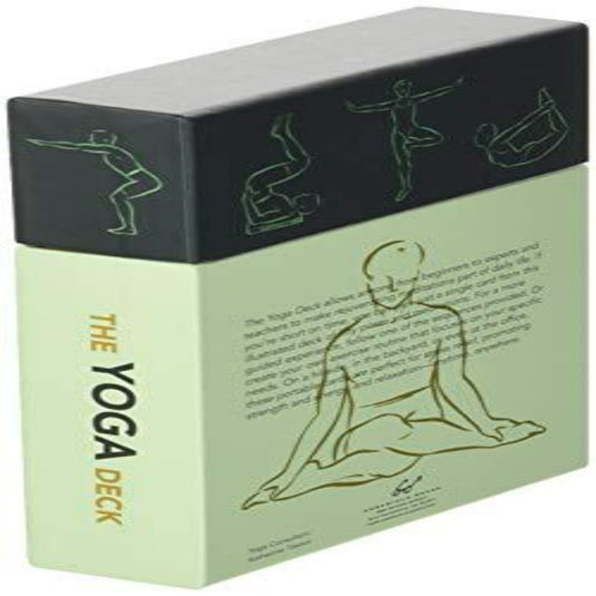 Een doos met het opschrift "Yoga Deck 50 pack: 50 Poses and Meditations" met illustraties van verschillende yogahoudingen en meditatiekaarten in witte contouren op een grijze en zwarte achtergrond.