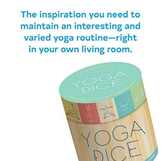 Een cilindrische container met het opschrift "Yoga dobbelstenen: Meer variatie voor jouw yogasessies" met illustraties van nieuwe yogahoudingen, geplaatst op een promotieflyer over yogaroutines voor thuis.