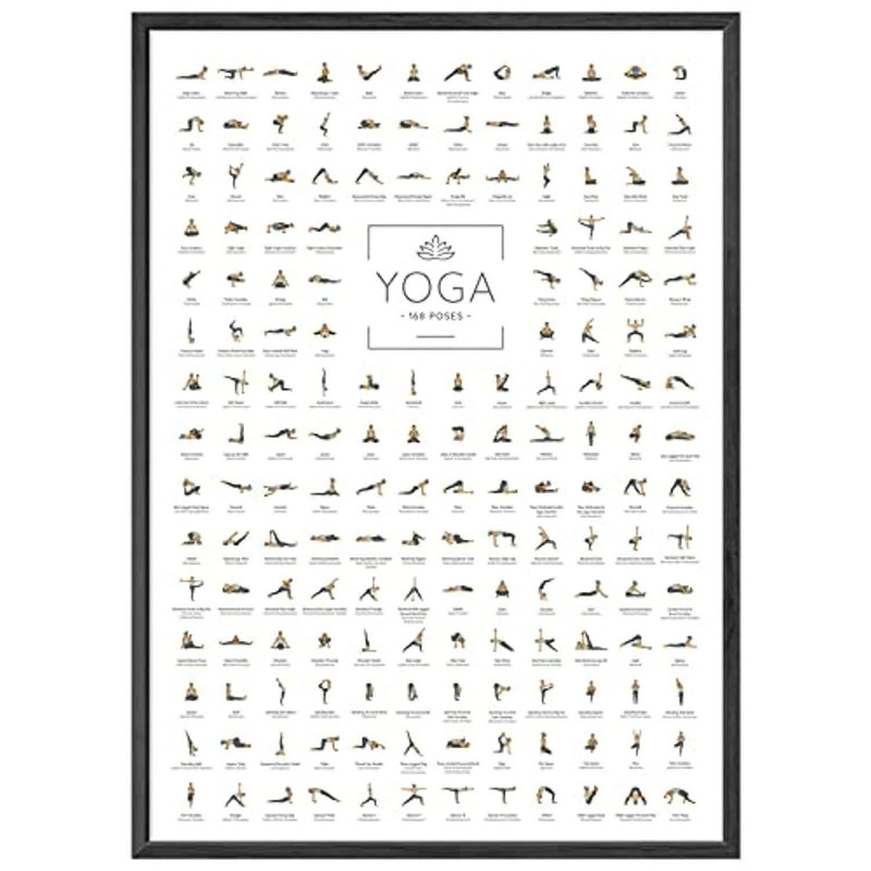 Laad afbeelding in Galerijviewer, Yogaposter: de perfecte manier om je yogapraktijk te verbeteren met een schema van 108 yogahoudingen met labels, gerangschikt in een raster in een zwart kader.
