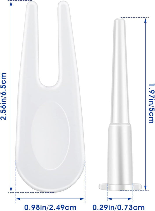 Dimensionale illustraties van twee medische apparaten: een witte Yogabal luchtstop gemaakt van duurzaam kunststof en een smal cilindrisch gereedschap, inclusief afmetingen in inches en centimeters.
