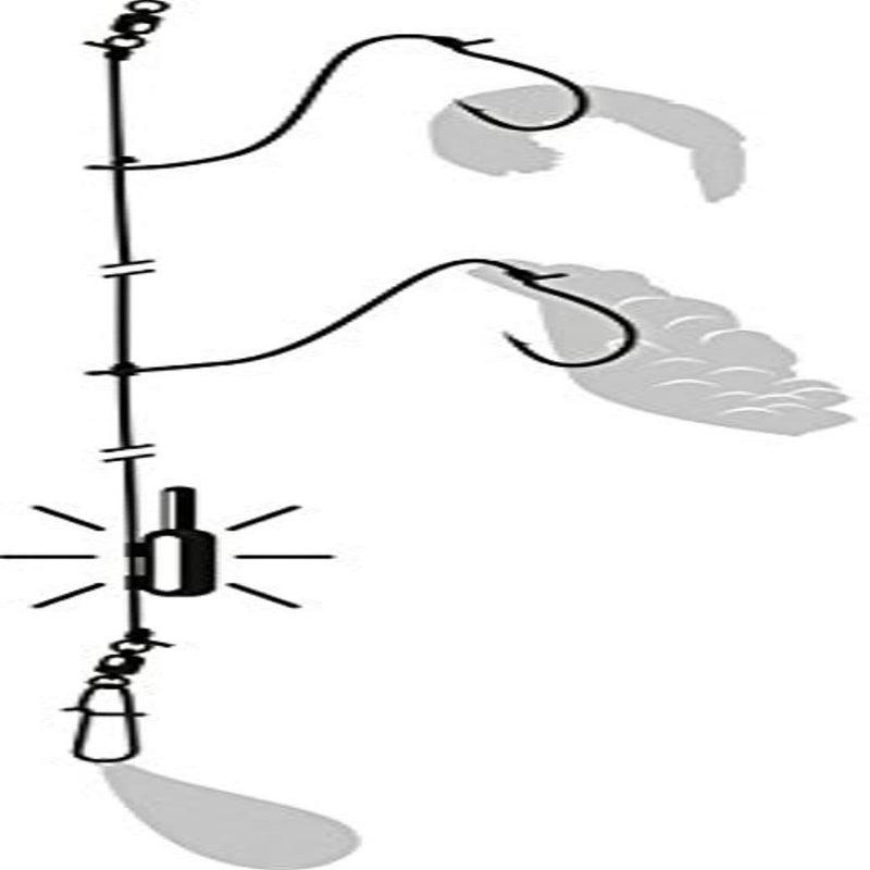 Laad afbeelding in Galerijviewer, Schelvis visserij-tuigdiagram met een lijn met twee haken, elk voorzien van een krab en een mossel, een zinklood en een wartel, en ontworpen om de beschikbare kansen te vergroten.
