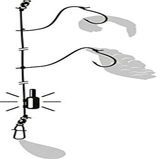 Beschrijving: Diagram van een Schelvis visserij rig met een zinklood, wartel, haak en twee soorten aas.