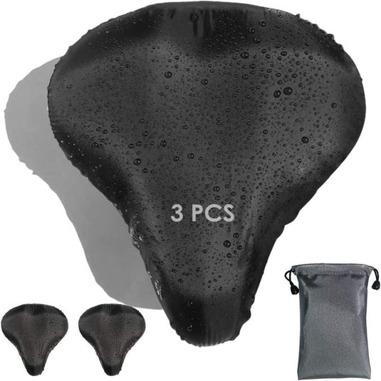 Drie zwarte waterdichte fietszadelhoezen met regendruppels, compleet met een handig opbergzakje met trekkoord. Product: Geniet van comfortabele fietsen met onze hoogwaardige zadelhoezen voor optimale bescherming.