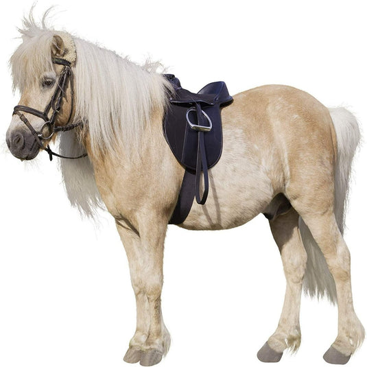 Een kleine, lichtbruine pony met witte manen en staart staat links op een effen achtergrond en draagt een zwart hoofdstel en het Pony zadel economy: Comfortabel en betaalbaar gemaakt van synthetisch zadelmateriaal.