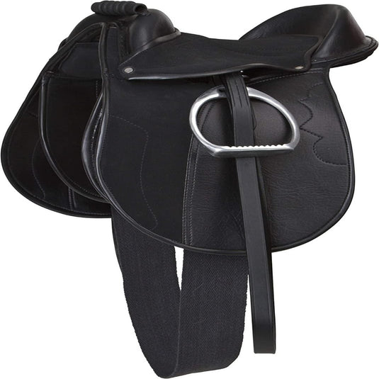 Het Pony zadel economy is een comfortabel en betaalbaar zwart ruitersportzadel met stijgbeugels, een handvat en een brede singelstoot, gemaakt van synthetisch zadelmateriaal.