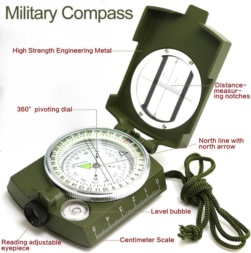 Laad afbeelding in Galerijviewer, Explosiediagram van een waterdichte militaire kompas voor outdoor en survival met gelabelde onderdelen, waaronder een niveaubel, een 360° draaibare wijzerplaat en inkepingen voor afstandsmeting.
