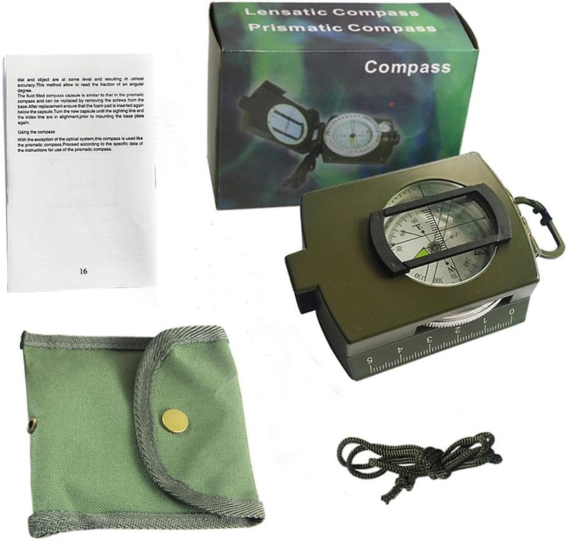 Laad afbeelding in Galerijviewer, Een volledig militaire kompas voor outdoor en survival met verpakking, instructieblad en draagtas.
