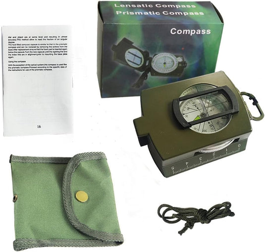 Een volledig militaire kompas voor outdoor en survival met verpakking, instructieblad en draagtas.