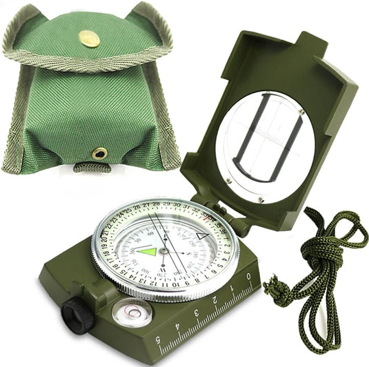 Waterdichte militaire kompas voor outdoor en survival met een groene cover en koord, voor ideale outdoor survival.