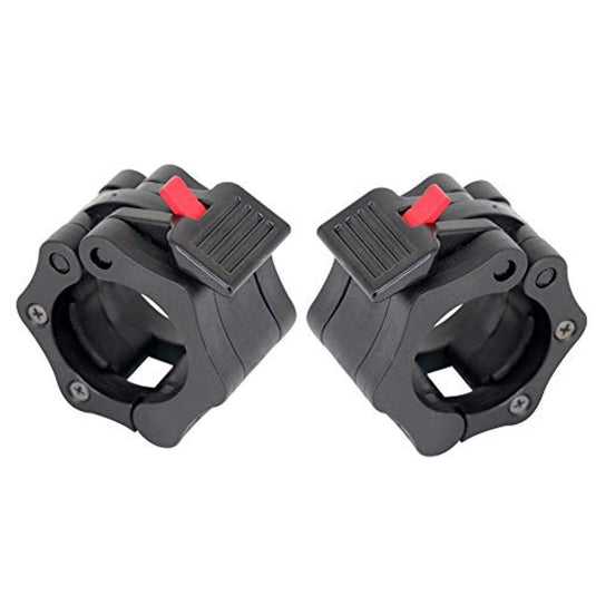 Twee zwarte plastic halterkragen met rode vergrendelingshendels, voorzien van een veiligheidsslot van 50 mm voor extra veiligheid, worden naast elkaar weergegeven op een witte achtergrond. Ideaal voor liefhebbers van krachttraining die betrouwbare en stijlvolle uitrusting willen. *Productnaam:* 50mm haltersluiting - Verhoog je veiligheid en focus tijdens je krachttraining.