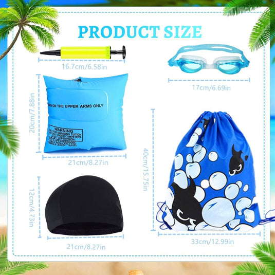 Promotieafbeelding met zwemaccessoires om te helpen bij het leren zwemmen, waaronder Zwembandjes voor veilig en leuk leren zwemmen, een zwembril, een badmuts en een tas met trekkoord gemaakt van waterdicht