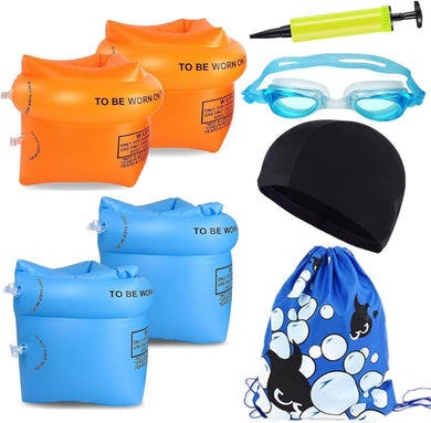 Diverse zwemaccessoires waaronder Zwembandjes voor veilig en leuk leren zwemmen, zwembril, een badmuts en een tas met trekkoord gemaakt van waterdicht materiaal.
