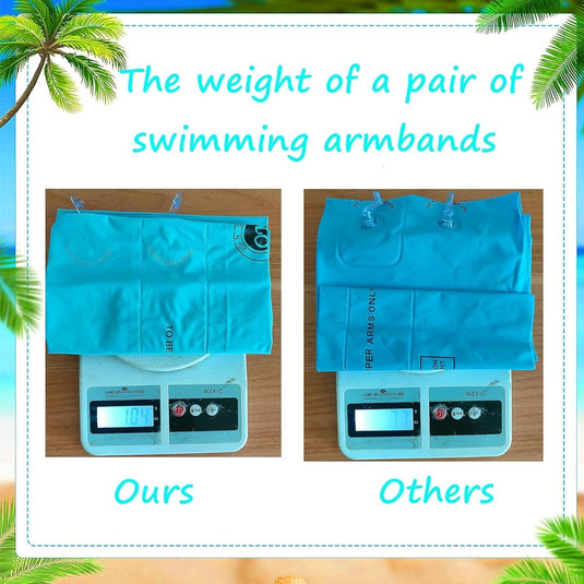 Vergelijking van het gewicht van twee paar Zwembandjes voor veilig en leuk leren zwemmen: die van ons versus die van anderen, gemaakt van waterdicht materiaal.