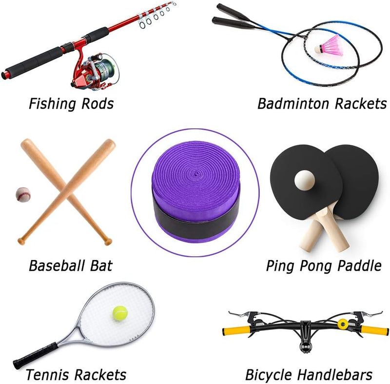 Load image into Gallery viewer, Een collage van sportuitrusting: hengels, badmintonrackets, honkbalknuppels met bal, Verbeter jouw racketspel met onze anti-slip racket griptape!, pingpongbatjes, tennisracket in PU-materiaal en fietssturen.
