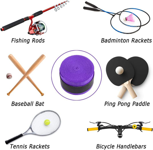 Een collage van sportuitrusting: hengels, badmintonrackets, honkbalknuppels met bal, Verbeter jouw racketspel met onze anti-slip racket griptape!, pingpongbatjes, tennisracket in PU-materiaal en fietssturen.