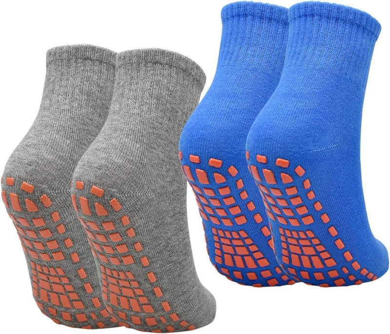 Laad afbeelding in Galerijviewer, Ontdek ultieme grip en comfort met twee paar antislip sportsokken: een grijze en een blauwe, elk met oranje rubberen grips voor optimale stabiliteit. Perfect voor degenen die kwaliteit eisen.
