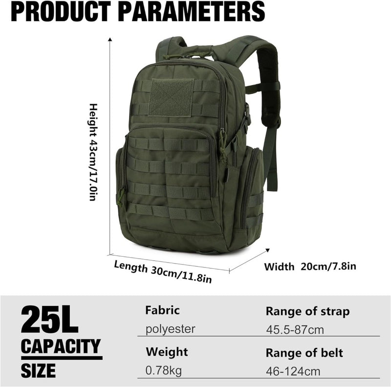 Laad afbeelding in Galerijviewer, Ontdek de Militaire tactische rugzak rugzak voor outdoor avonturen, gemaakt van duurzaam 600D polyester met een capaciteit van 25L. Perfect voor wandelen en kamperen, heeft verstelbare banden en een riem voor comfort. Compact maar ruim, deze groene tactische rugzak is uw ideale outdoor metgezel.
