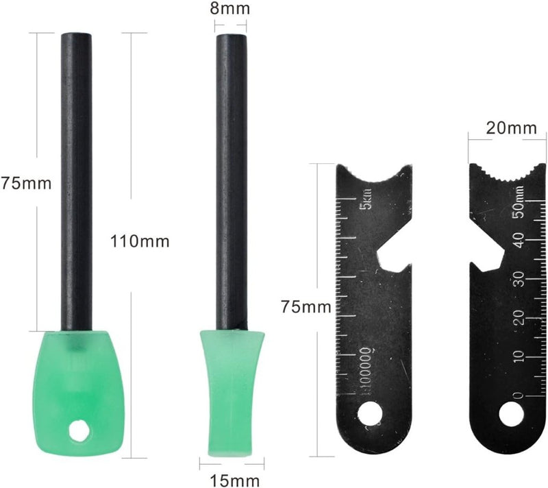 Laad afbeelding in Galerijviewer, Twee zwarte gereedschappen met groene handvatten, 75mm en 110mm hoog, worden getoond naast multifunctionele vuurstaal gereedschappen. Deze liniaalachtige apparaten meten 75mm en 20mm, met markeringen voor nauwkeurige meting. Ideale aanvullingen op elke survivaluitrusting, met de &quot;3-in-1 Vuursteen Aansteker: Jouw Ultieme Outdoor Metgezel.
