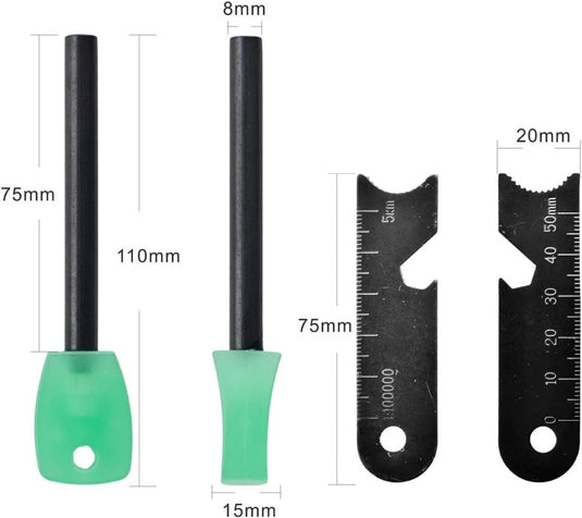 Twee zwarte gereedschappen met groene handvatten, 75mm en 110mm hoog, worden getoond naast multifunctionele vuurstaal gereedschappen. Deze liniaalachtige apparaten meten 75mm en 20mm, met markeringen voor nauwkeurige meting. Ideale aanvullingen op elke survivaluitrusting, met de "3-in-1 Vuursteen Aansteker: Jouw Ultieme Outdoor Metgezel.