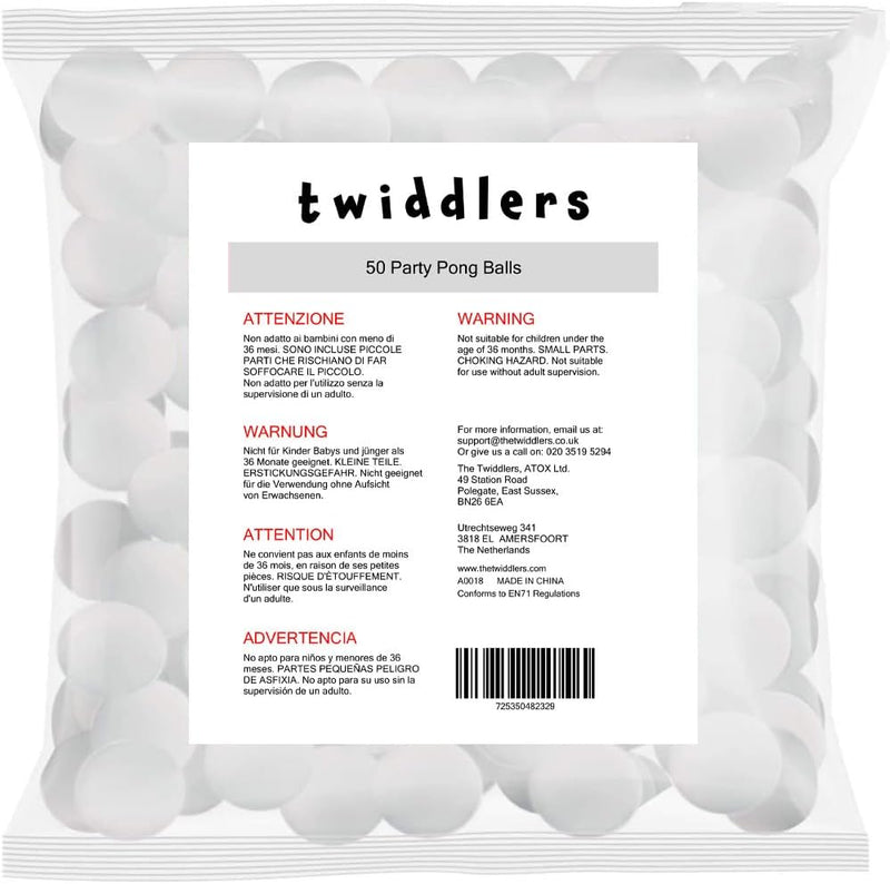 Load image into Gallery viewer, Een doorzichtige plastic zak met het label &quot;Twiddlers&quot; bevat 50 stevige witte tafeltennisballen, ideaal voor feesten zoals Halloween en Kerstmis. Het bevat meertalige waarschuwingen en contactgegevens voor Twiddlers, gevestigd in East Sussex, VK.
