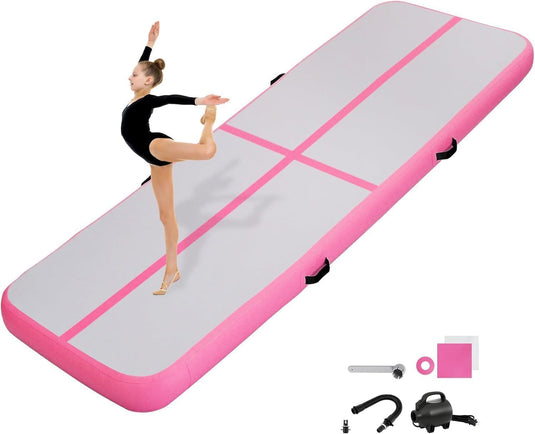 Opblaasbare turnmat 3 m x 1 m – 10 cm dik – airtrack met luchtpomp voor gymnastiek, tumbling, yoga en fitness – roze