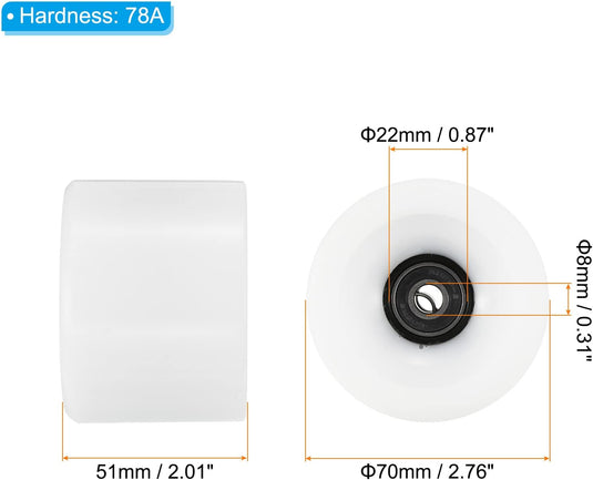 Longboard wielen 70 x 51 mm 78A met ABEC-9 lagers 4 stuks wit – cruiser skateboard wielen