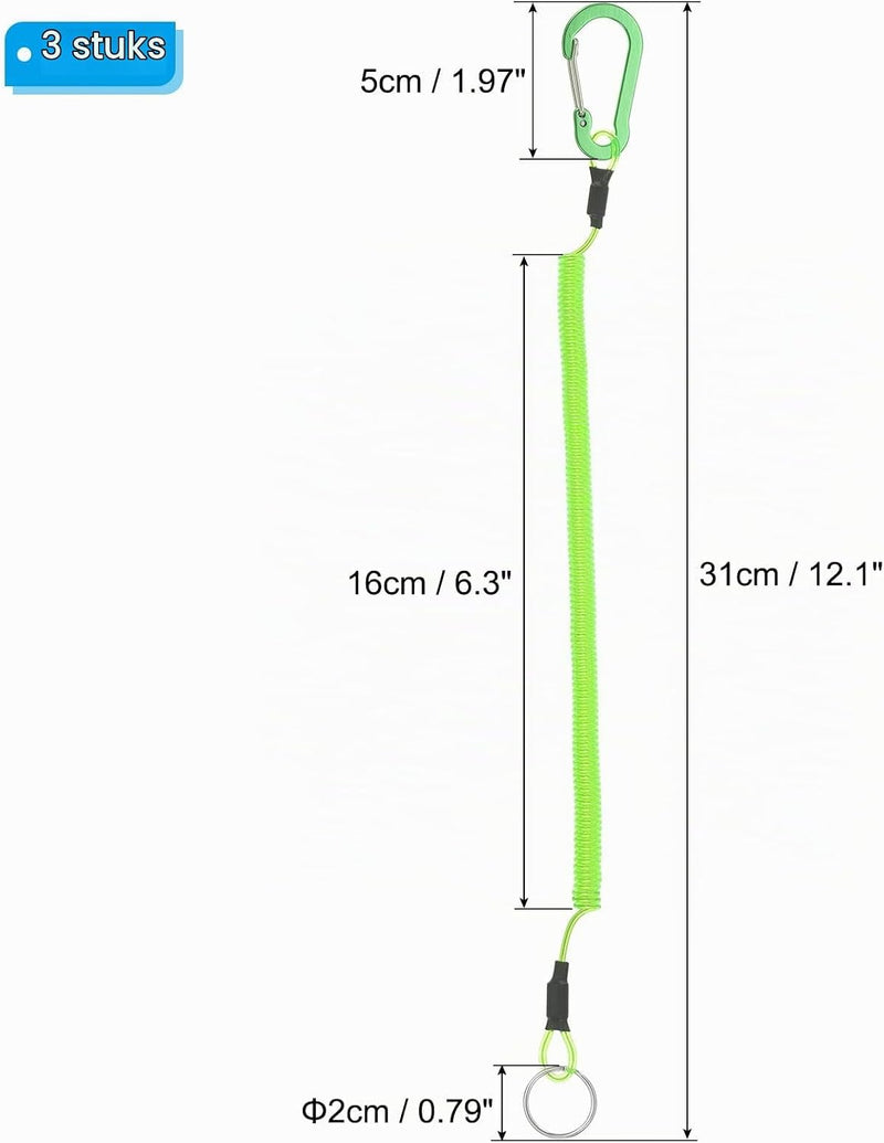 Laden Sie das Bild in Galerie -Viewer, Spiraalkoorden 3 stuks uitschuifbaar tot 150 cm met clip groen – veiligheidslijnen – outdoor accessoires
